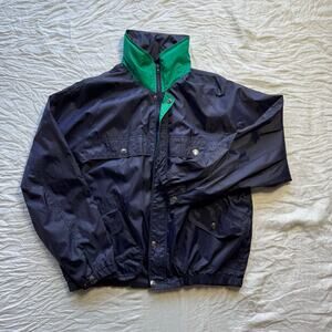 Vintage 80s/90s Navy & Green Windbreaker Hooded Zip-Up Jacket — Size Men’s L